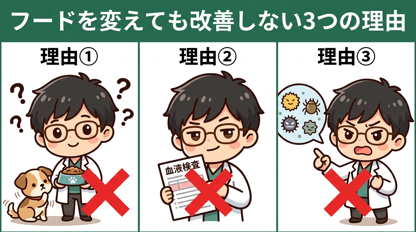 フードを変えても改善しない3つの理由|図解インフォグラフィック