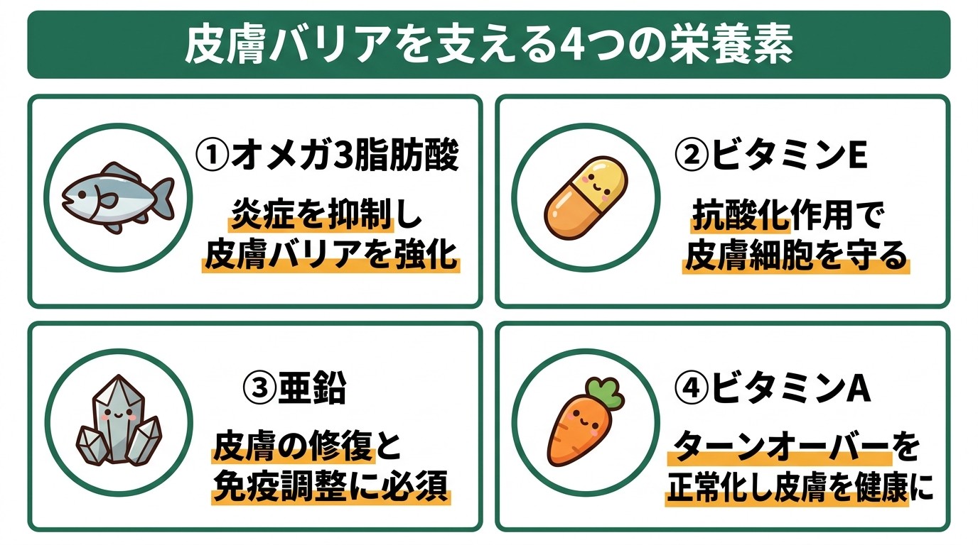 皮膚バリアを支える4つの栄養素のインフォグラフィック