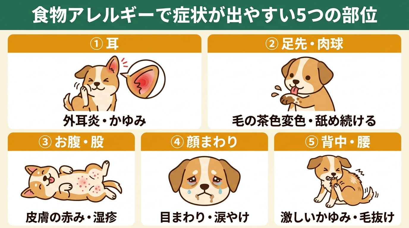 食べ物のアレルギーで症状が出やすい5つの部位マップ