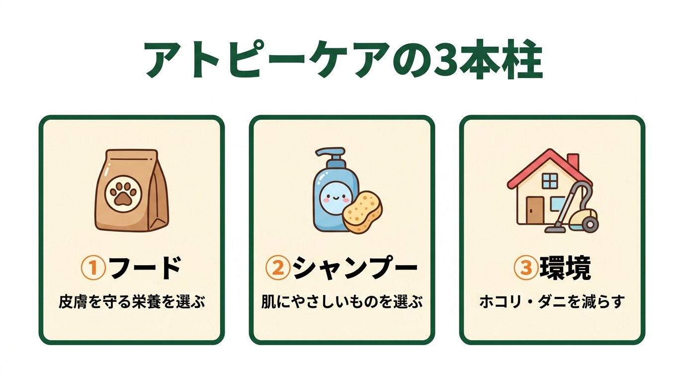 アトピーケアの3本柱（フード・シャンプー・環境）