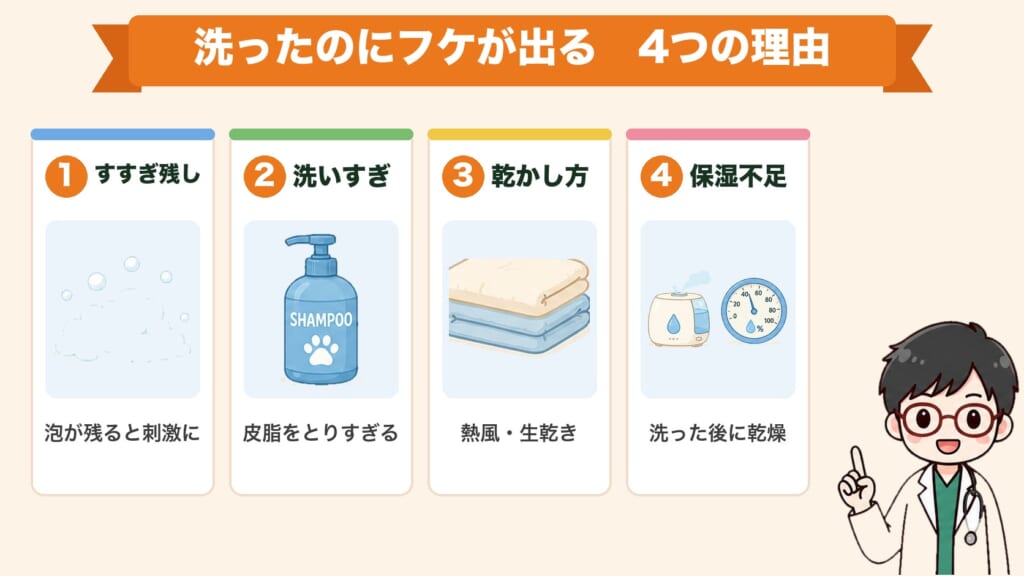 洗ったのにフケが出る4つの理由：すすぎ残し・洗いすぎ・乾かし方・保湿不足