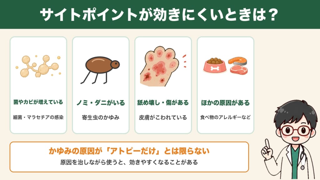サイトポイントが効きにくいときに考えること:菌やカビ・ノミやダニ・舐め壊し・食べ物のアレルギーなどほかの原因