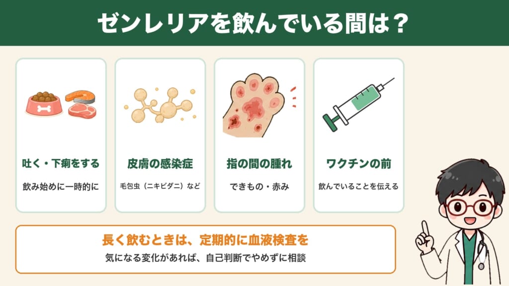 ゼンレリアを飲んでいる間に気をつけたいこと:吐く・下痢、皮膚の感染症、指の間の腫れ、ワクチンの前に伝える